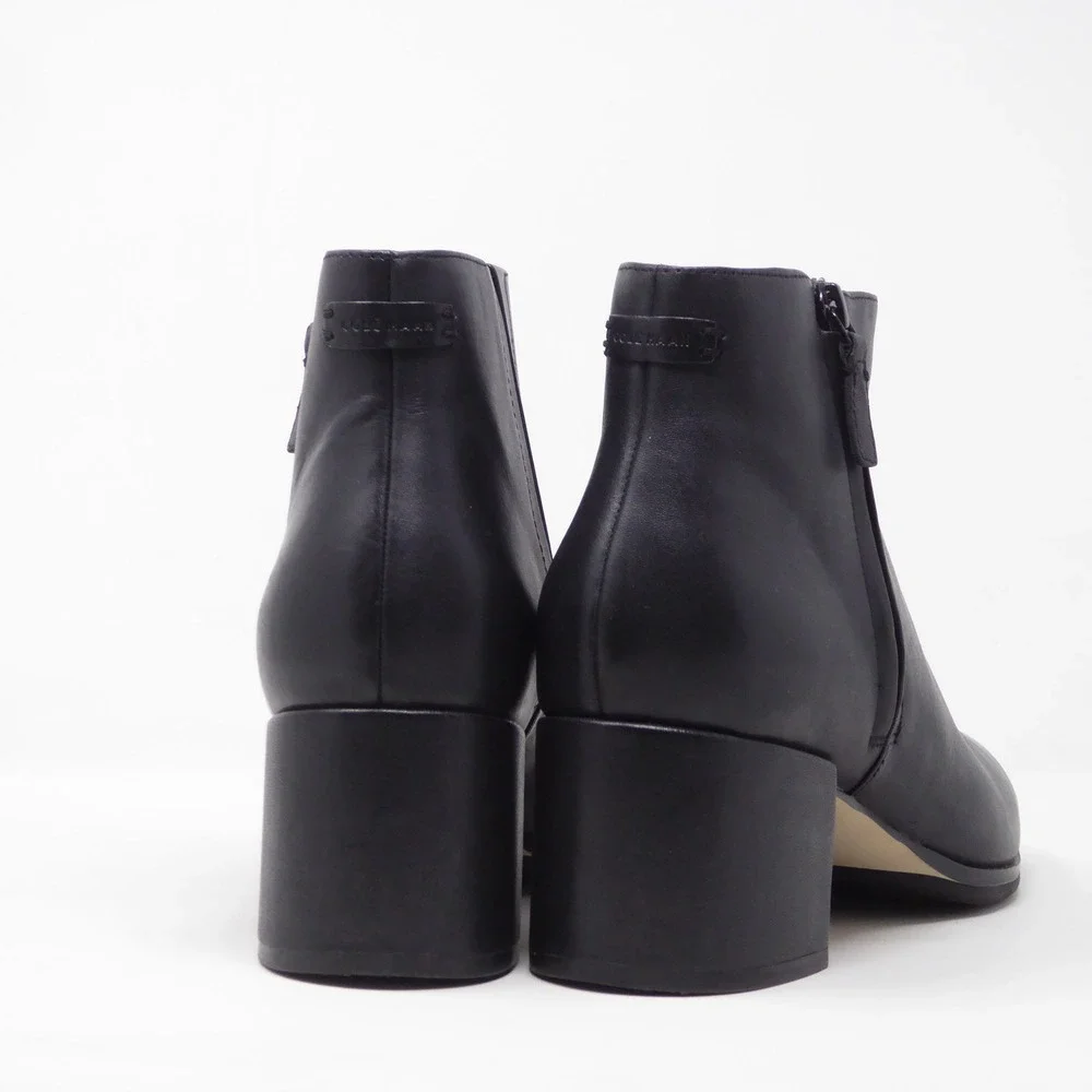 Cole Haan Women Grand Ambition 55 mm Boots Black Leather Block Heel Gold Toe 8.5